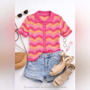 Sincerely Jules Pink Crochet Wave Cardigan Top Size S